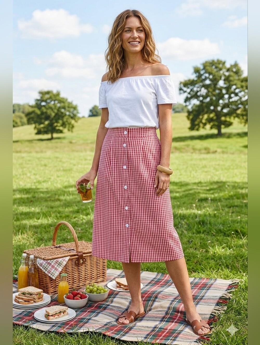 Morgan Taylor  Red Gingham Button-Front Midi Skirt - Size Medium